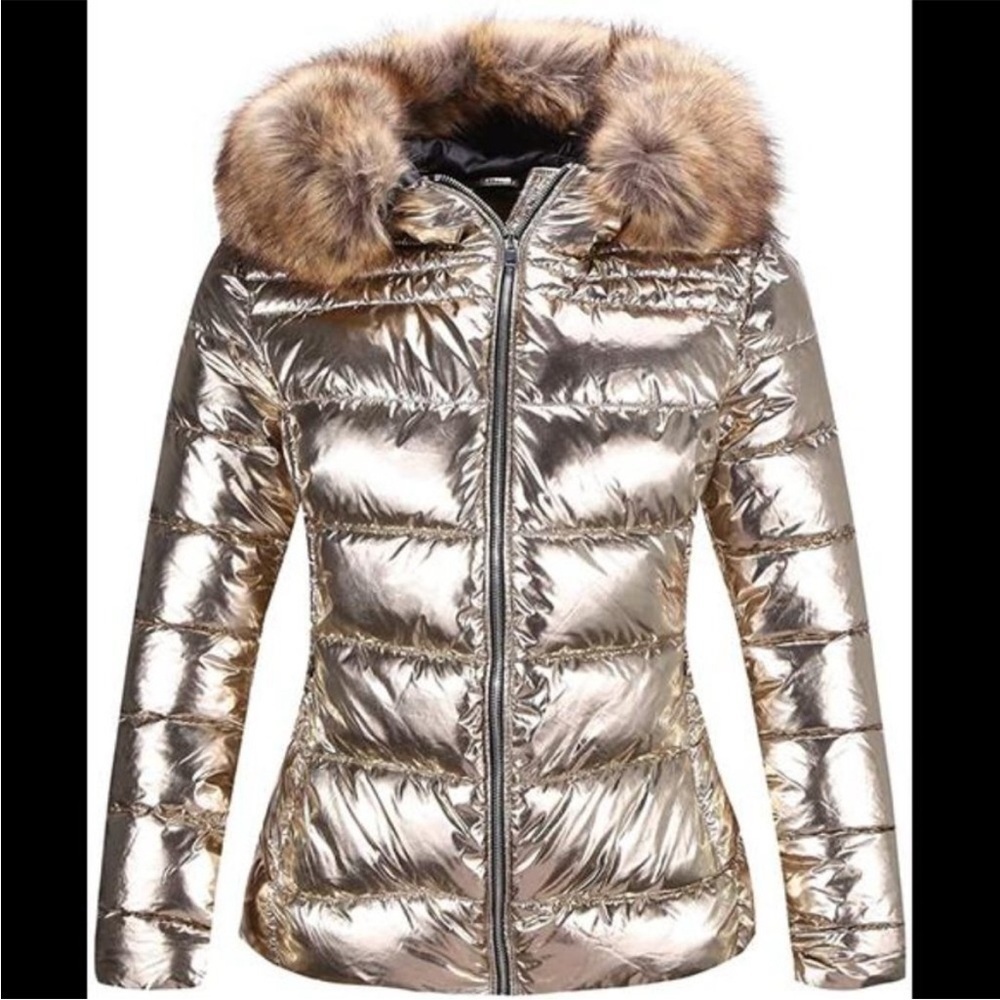 Puffer Jacket Winter Women Warm Quilted Bubble Fur Hood Coat Medium Gold Shimmer - Picture 4 of 16